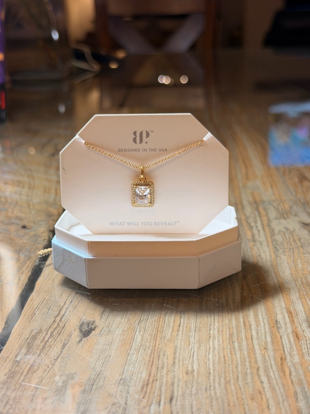BP NWOT! Gold-Tone Square Halo Pendant Necklace with Clear Stone - Picture 5 of 5